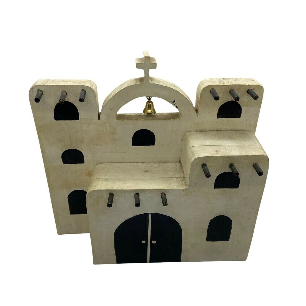 Pueblo Mission Building Vtg Handmade White Black Primitive Wooden Freestanding